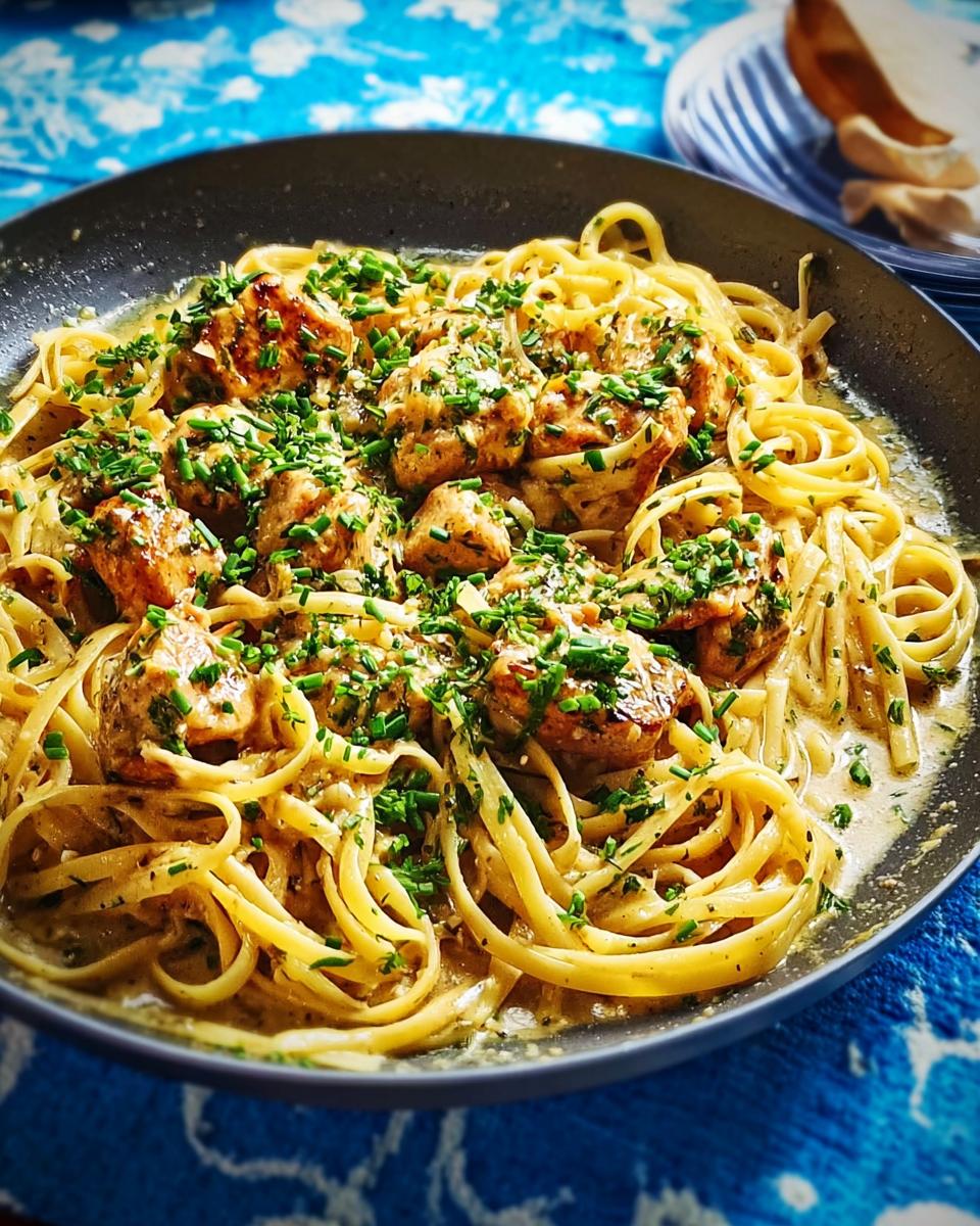 A close-up of Cowboy Butter Chicken Pasta served in a skillet, garnished with fresh chives.