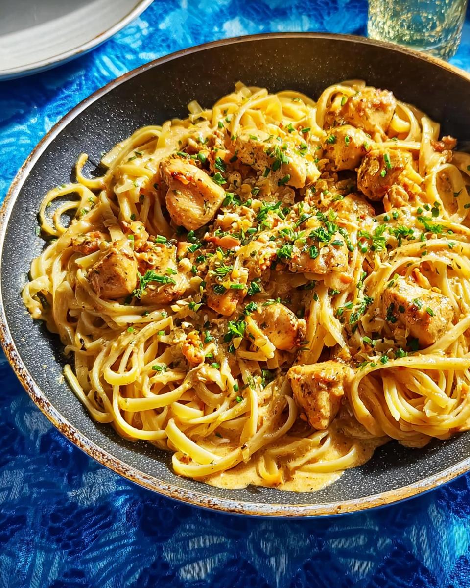 A close-up of Cowboy Butter Chicken Pasta served in a skillet, featuring fettuccine noodles coated in creamy sauce with chicken pieces and herbs.