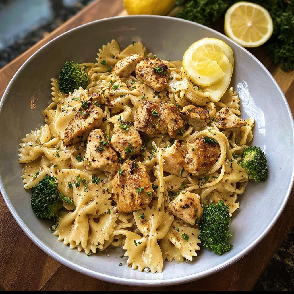 A bowl of Cowboy Butter Lemon Bowtie Chicken Pasta with broccoli florets and a lemon slice garnish.