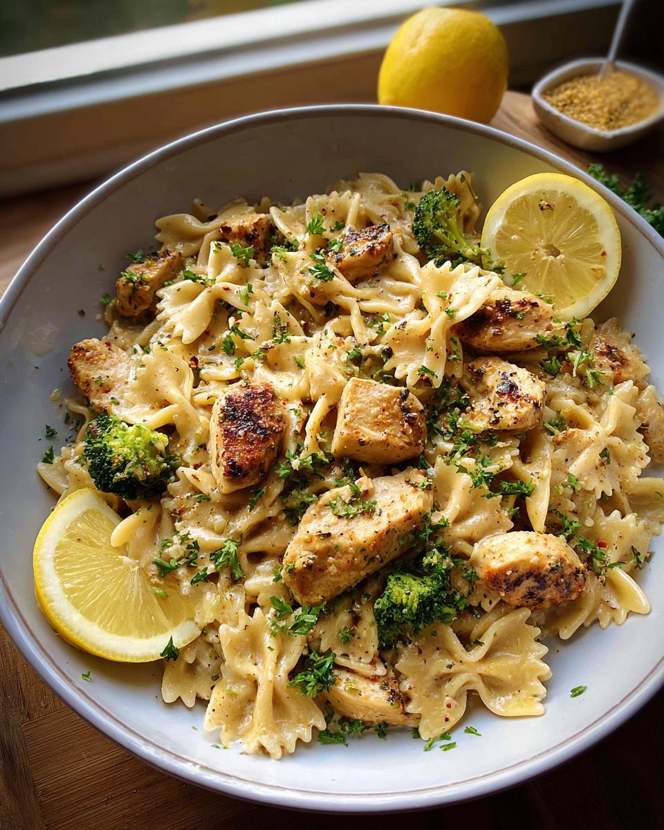 A bowl of Cowboy Butter Lemon Bowtie Chicken Pasta with Broccoli, garnished with lemon slices and parsley.