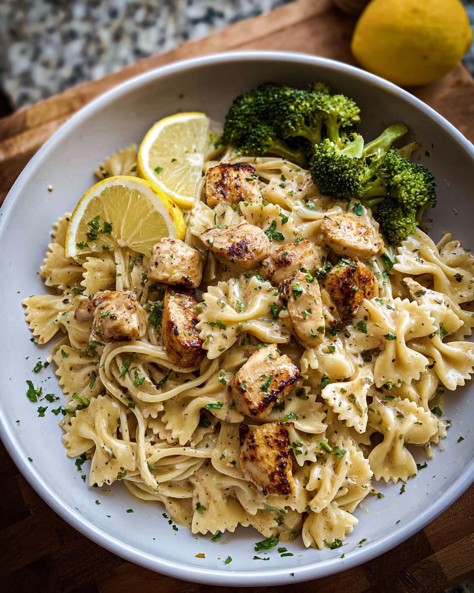 A bowl of Cowboy Butter Lemon Bowtie Chicken Pasta with broccoli and lemon slices, garnished with parsley.