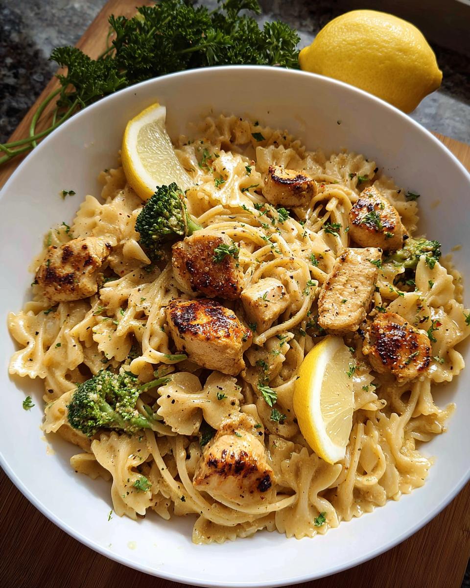 A bowl of Cowboy Butter Lemon Bowtie Chicken Pasta with Broccoli, garnished with lemon wedges and parsley.