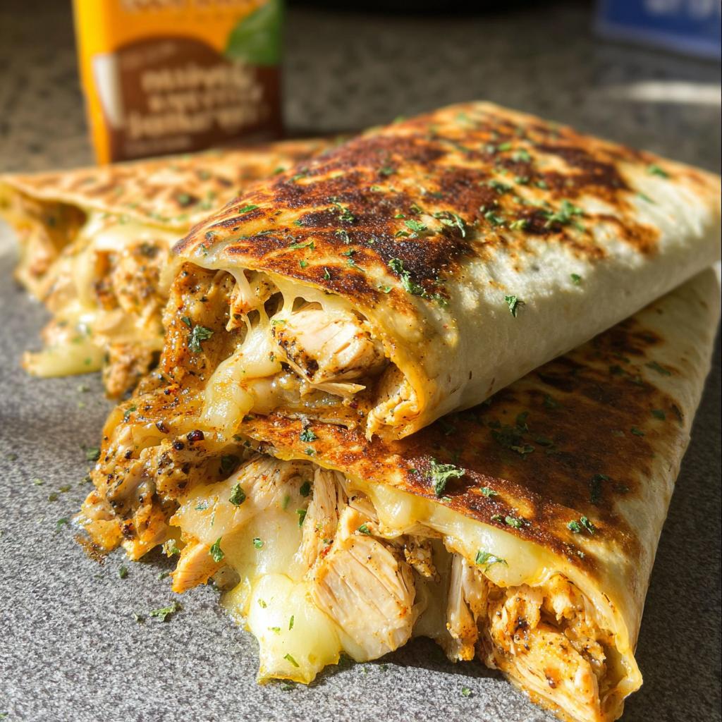 Close-up of two Cozy Cheesy Garlic Chicken Wraps, split open to reveal tender chicken and melted cheese.
