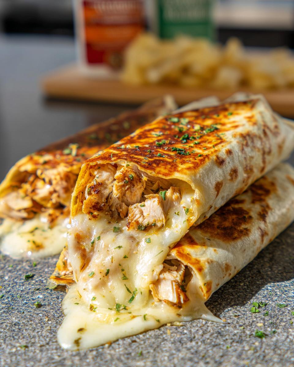 Close-up of two Cozy Cheesy Garlic Chicken Wraps, with melted cheese oozing out and sprinkled with parsley.