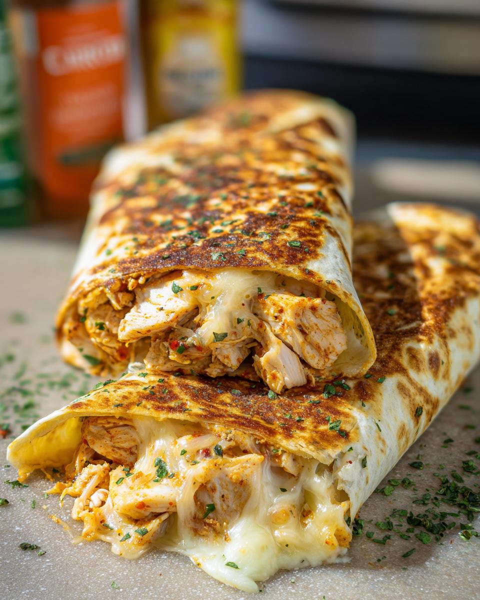 Close-up of Cozy Cheesy Garlic Chicken Wraps, showing shredded chicken and melted cheese oozing out.