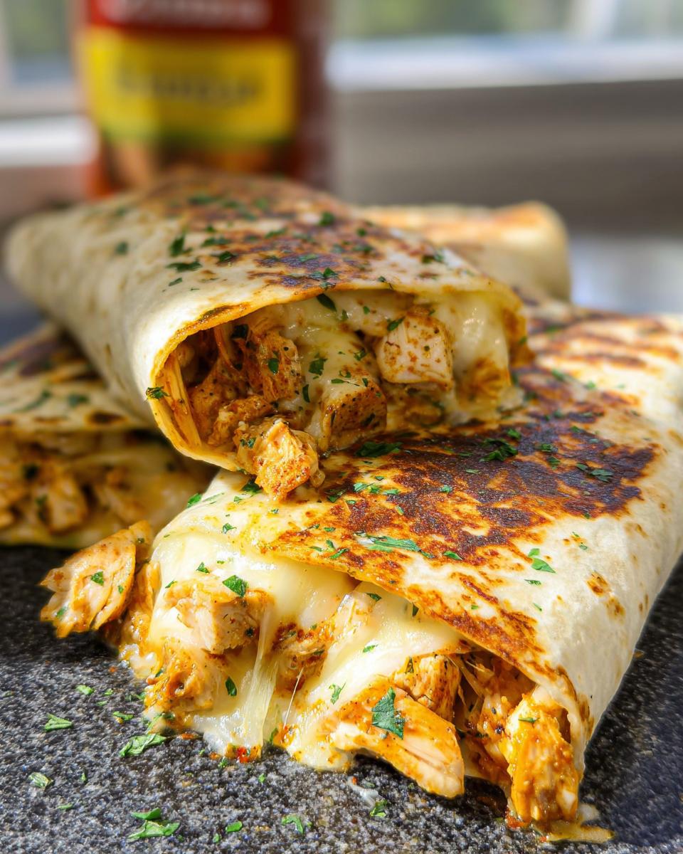 A close-up of Cozy Cheesy Garlic Chicken Wraps, showing melted cheese and seasoned chicken spilling out.