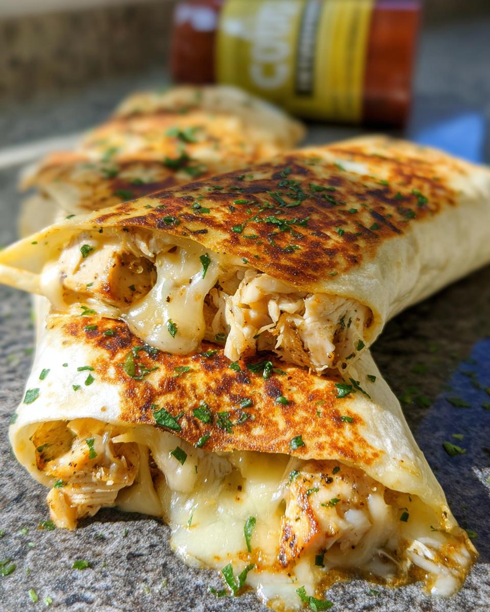 Close-up of two Cozy Cheesy Garlic Chicken Wraps, showing shredded chicken and melted cheese spilling out, garnished with parsley.
