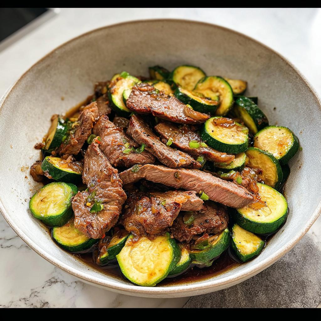 Close-up of a Cozy Grilled Steak Bowl with Zucchini, featuring sliced grilled steak and sautéed zucchini rounds in a savory sauce.