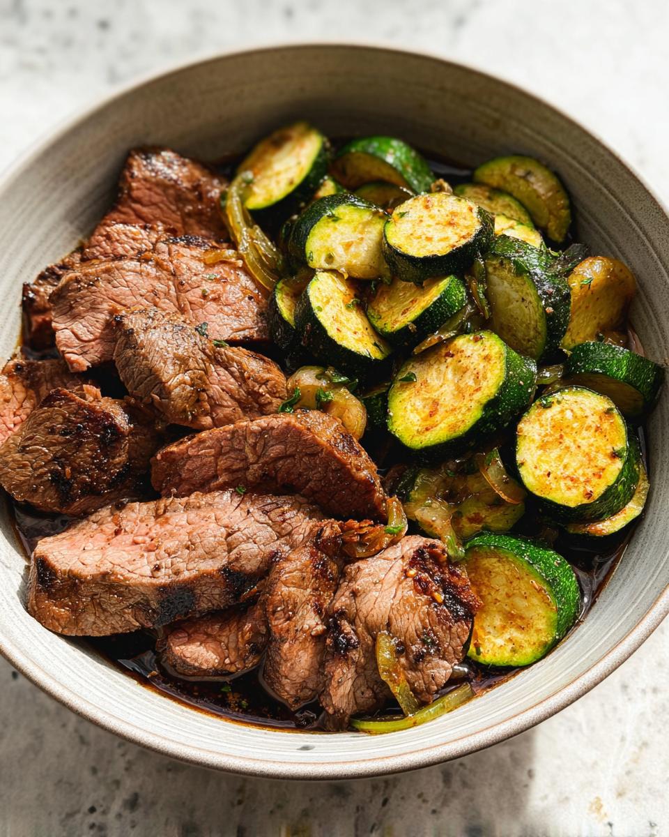A close-up of a Cozy Grilled Steak Bowl with Zucchini, featuring sliced grilled steak and sautéed zucchini rounds in a savory sauce.