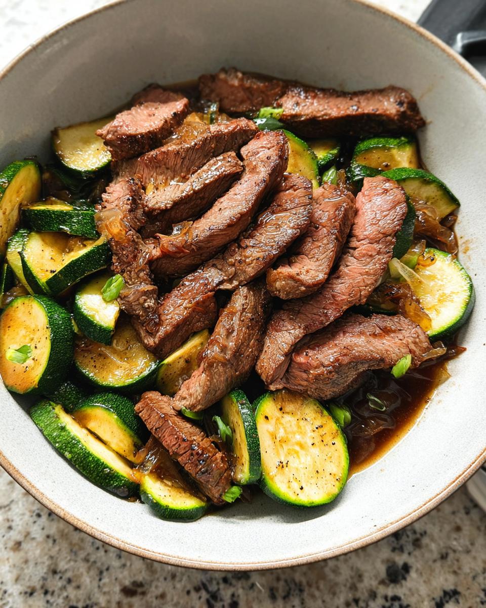 A close-up of a Cozy Grilled Steak Bowl with Zucchini, featuring sliced grilled steak and sautéed zucchini in a savory sauce.