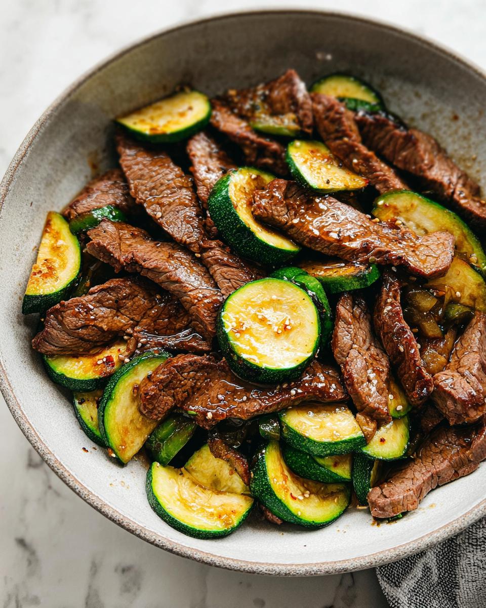 A close-up of a Cozy Grilled Steak Bowl with Zucchini, featuring thinly sliced grilled steak and tender zucchini slices coated in a savory sauce.