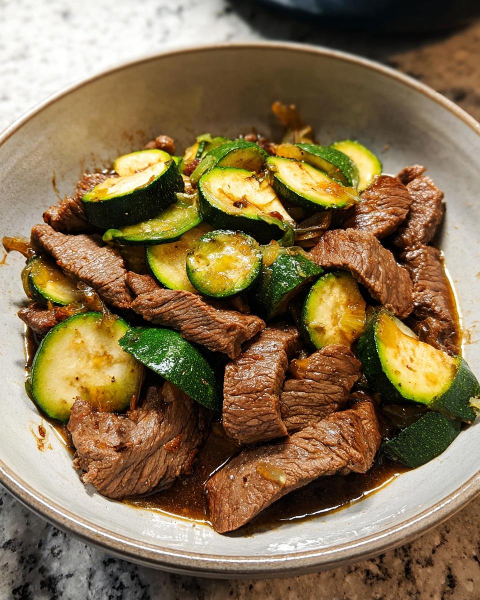 A close-up of a Cozy Grilled Steak Bowl with Zucchini, featuring sliced grilled steak and tender zucchini rounds in a savory sauce.