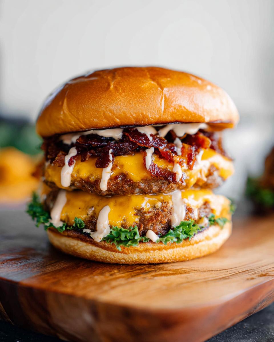 A mouthwatering double patty Crack Burger stacked high with melted cheese, crispy bacon, and a creamy sauce on a toasted bun.