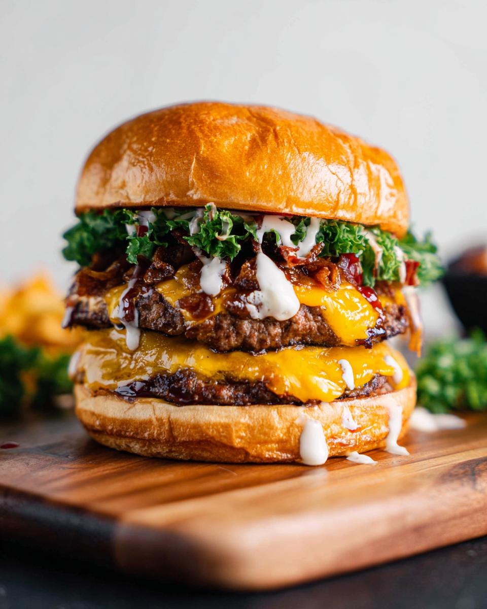 A delicious double-patty Crack Burger with melted cheese, bacon, and greens on a toasted bun.