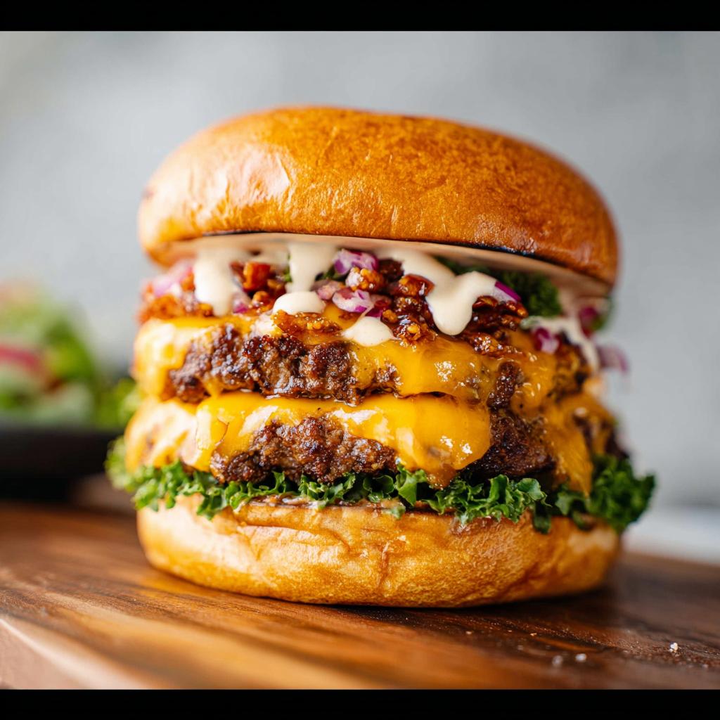 A delicious double patty Crack Burger stacked high with melted cheese, crispy bacon, red onions, and a creamy sauce on a toasted bun.