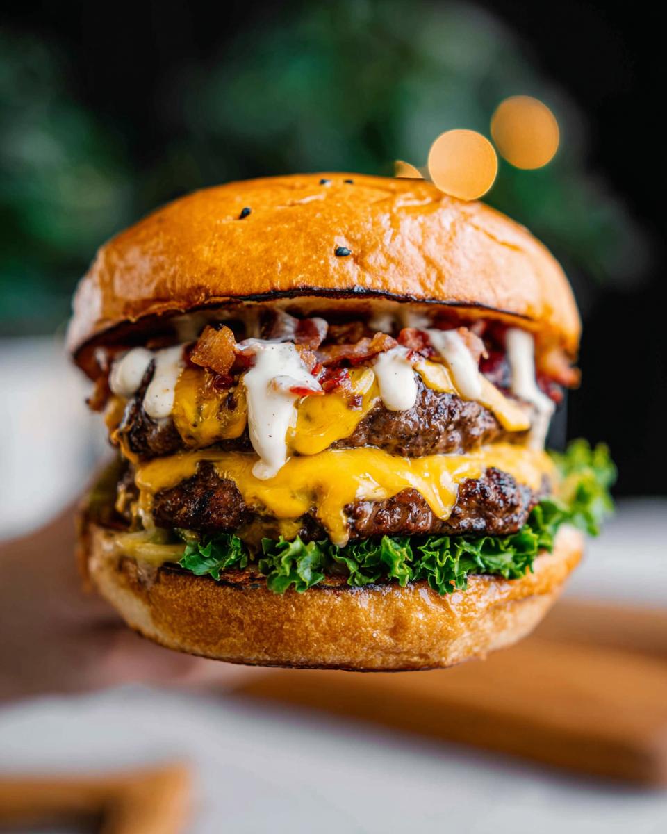 A double-patty Crack Burger piled high with melted cheese, crispy bacon, and creamy sauce on a toasted bun.