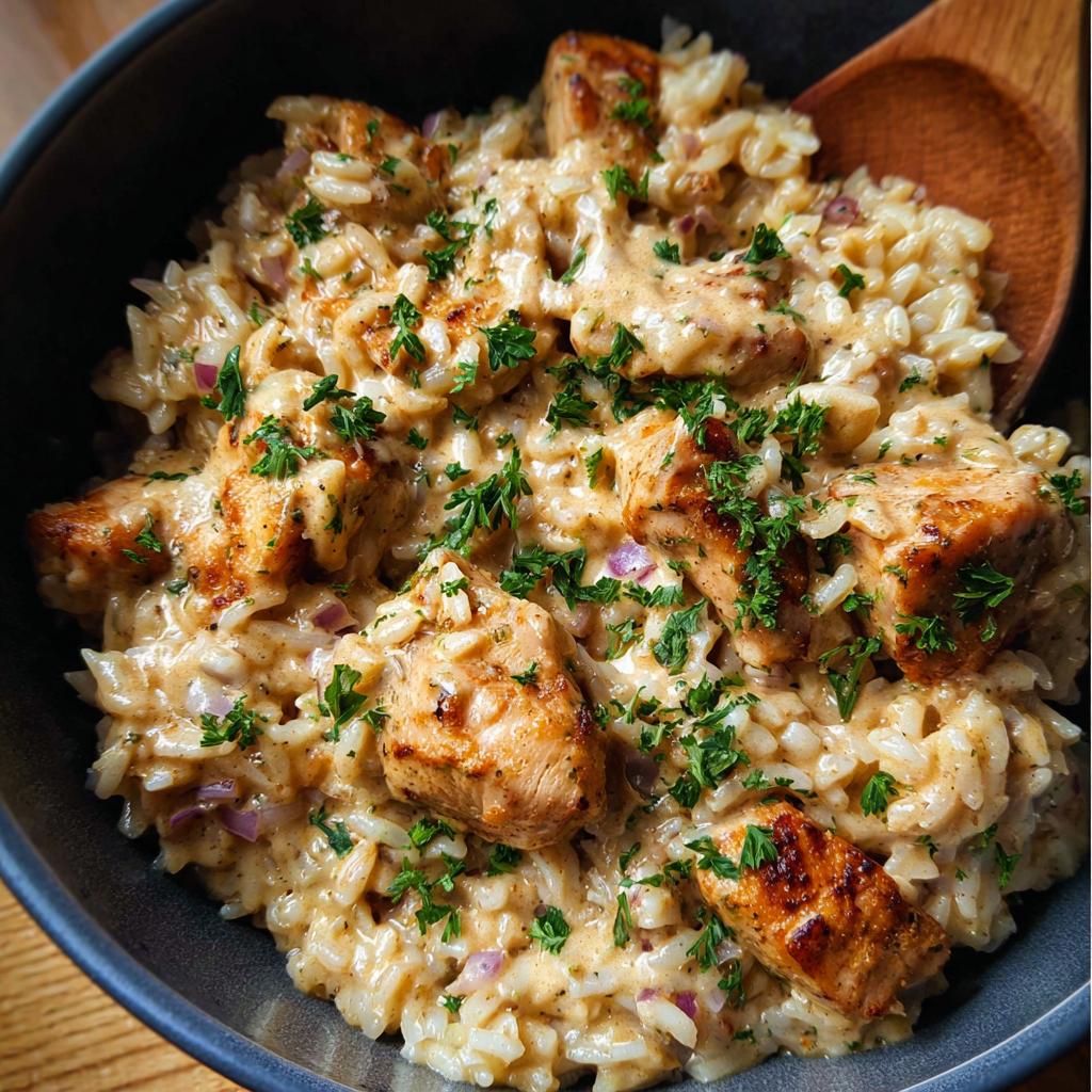 Close-up of Creamy Cajun Chicken & Rice Bowls with grilled chicken pieces and fresh parsley garnish.