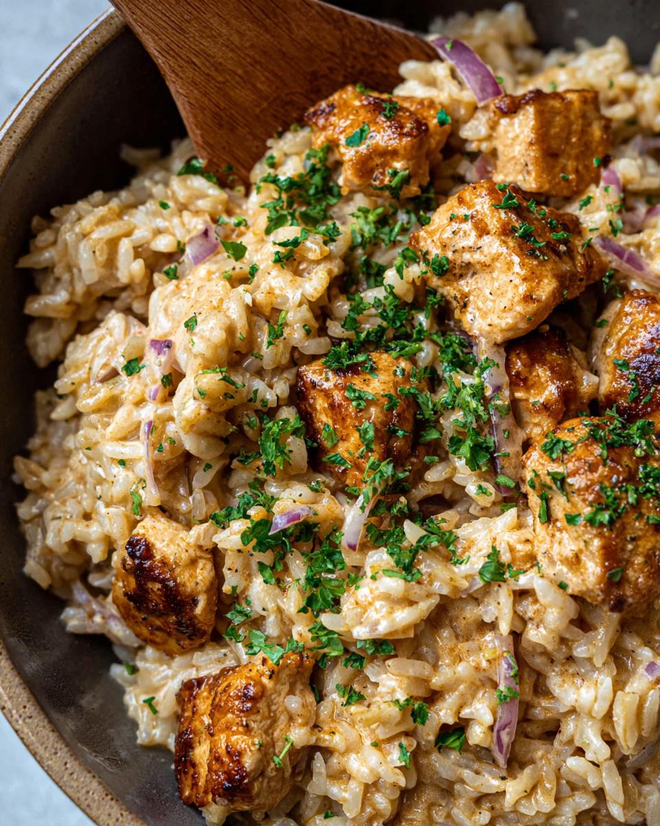Close-up of Creamy Cajun Chicken & Rice Bowls, featuring seasoned chicken pieces and fluffy rice in a creamy sauce, garnished with parsley.