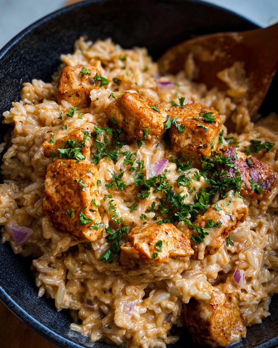 Close-up of Creamy Cajun Chicken & Rice Bowls, featuring tender chicken pieces and fluffy rice with red onion and parsley.