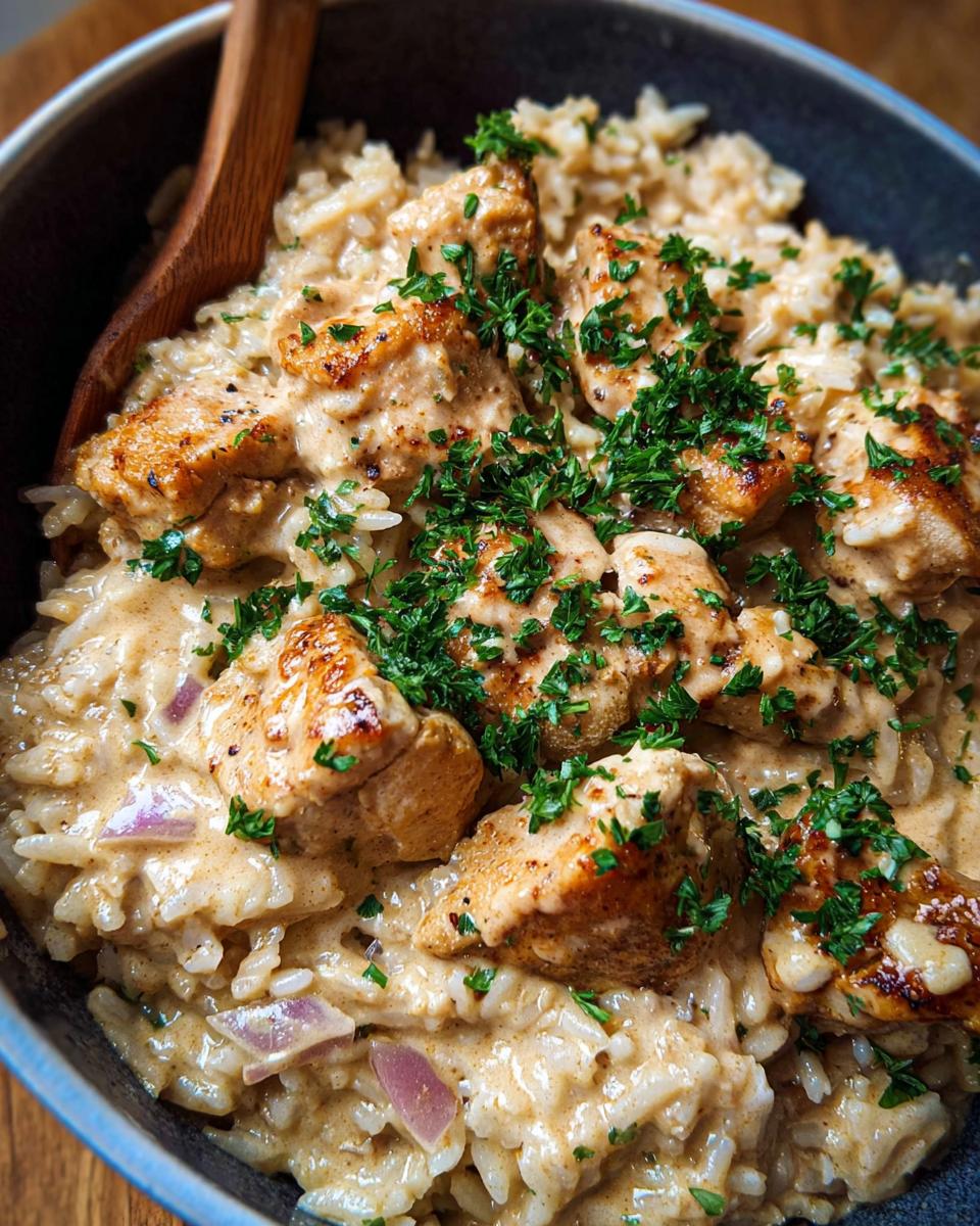 A close-up of Creamy Cajun Chicken & Rice Bowls, featuring tender chicken pieces in a rich sauce over rice, garnished with parsley.