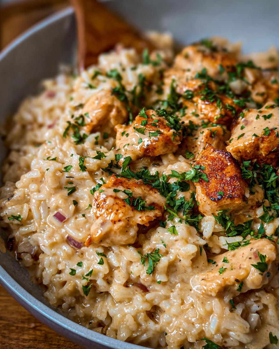 A close-up of Creamy Cajun Chicken & Rice Bowls, featuring tender chicken pieces over creamy rice, garnished with fresh parsley.