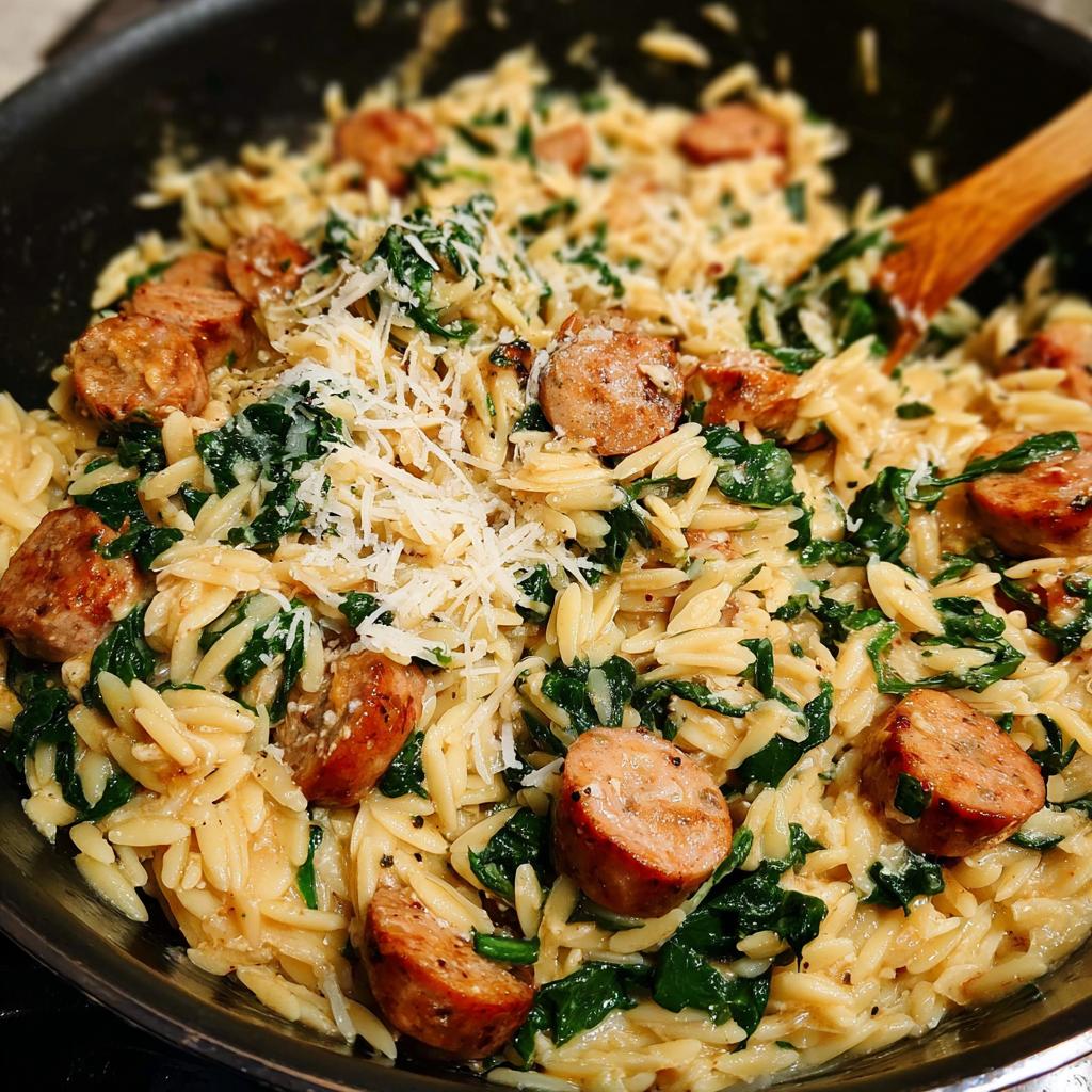 Close-up of creamy chicken sausage orzo with wilted spinach and grated parmesan cheese.