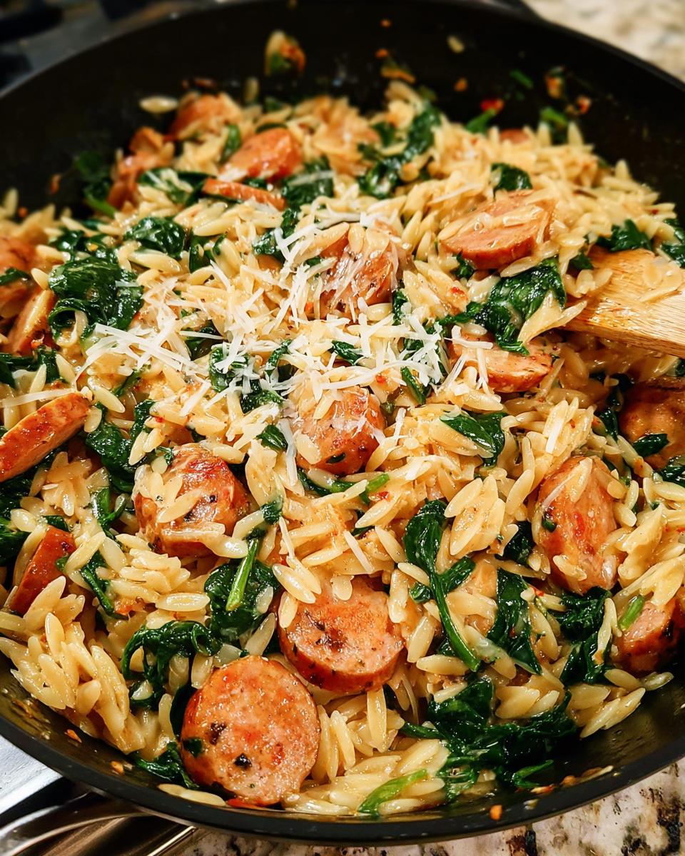Close-up of a pan filled with Creamy Chicken Sausage Orzo, featuring pasta, sliced sausage, and spinach, topped with grated cheese.