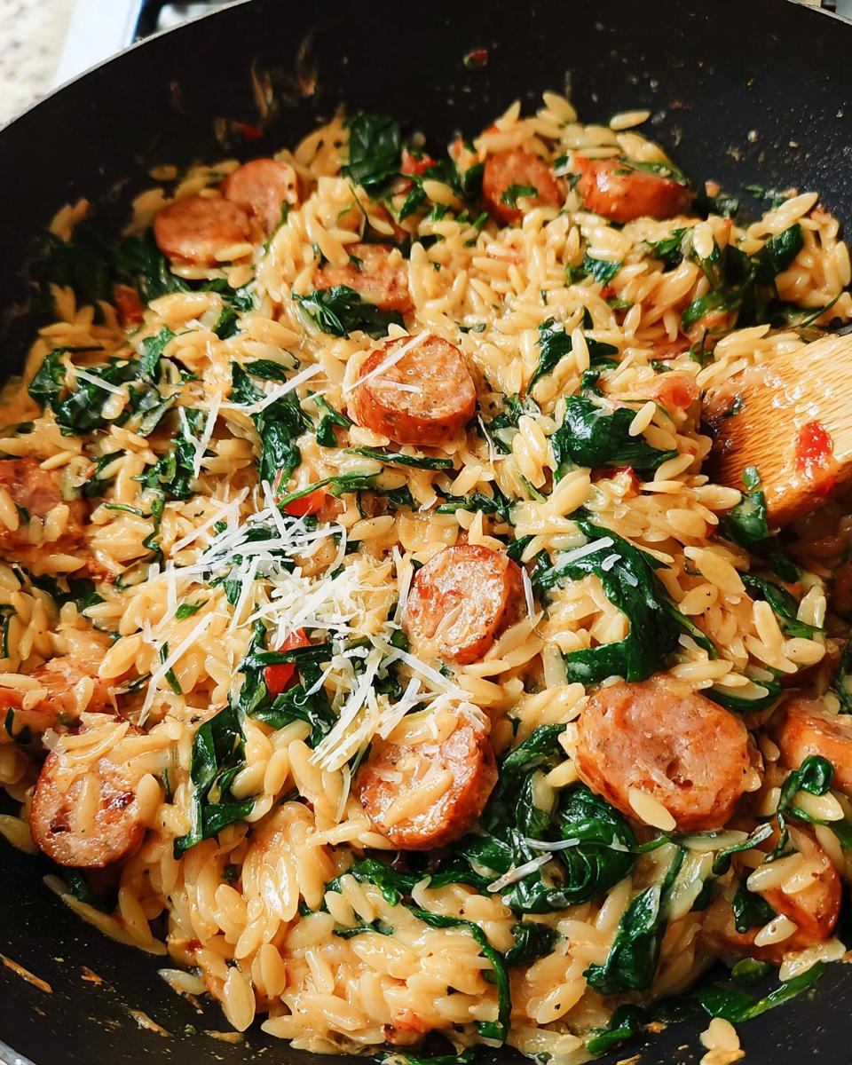 A close-up of creamy chicken sausage orzo with wilted spinach, topped with grated parmesan cheese.