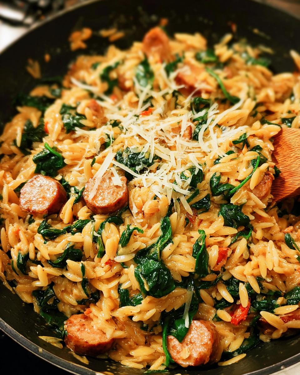 A close-up of creamy chicken sausage orzo with wilted spinach and shredded cheese.