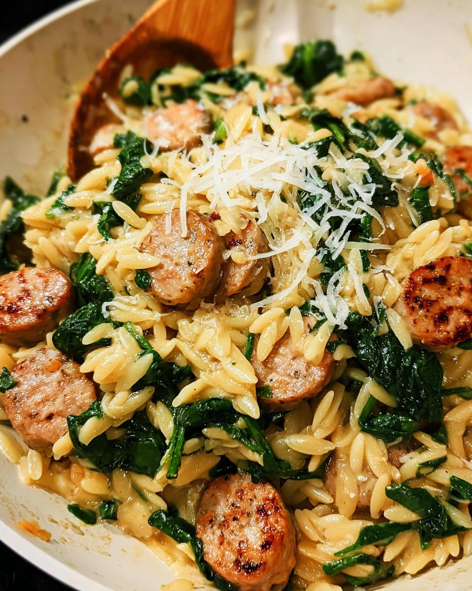 A close-up of creamy chicken sausage orzo with wilted spinach and topped with grated cheese.