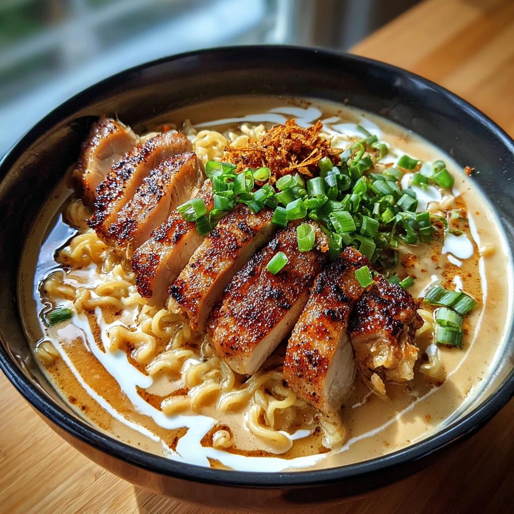 A delicious bowl of Creamy Garlic Chicken Ramen with sliced grilled chicken, noodles, and green onions.