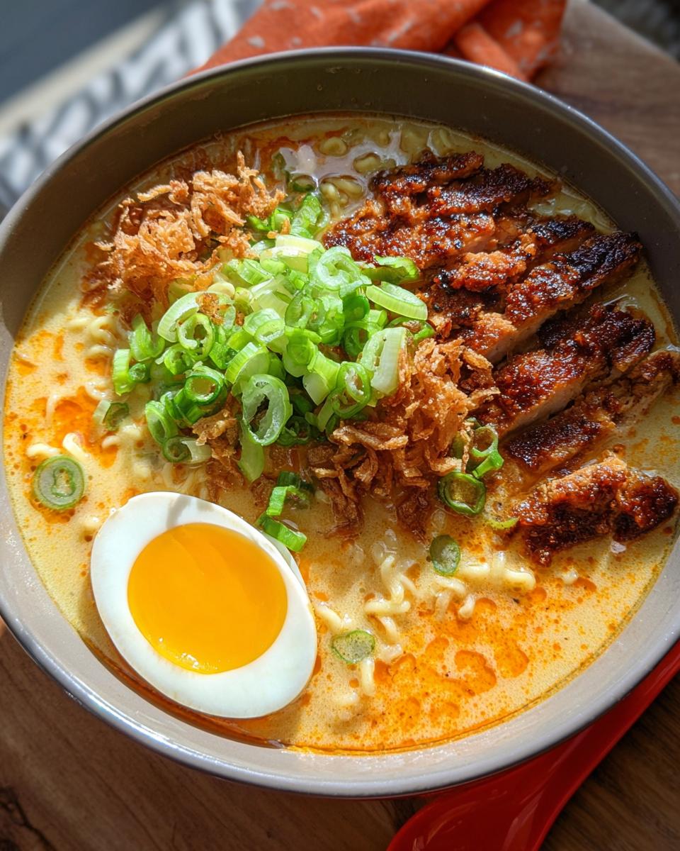 A delicious bowl of Creamy Garlic Chicken Ramen with sliced chicken, a soft-boiled egg, and green onions.