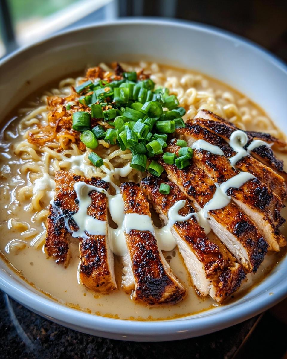 A bowl of Creamy Garlic Chicken Ramen topped with sliced grilled chicken, green onions, and crispy fried onions.