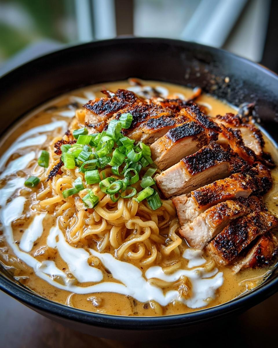 A bowl of Creamy Garlic Chicken Ramen topped with sliced grilled chicken and green onions.