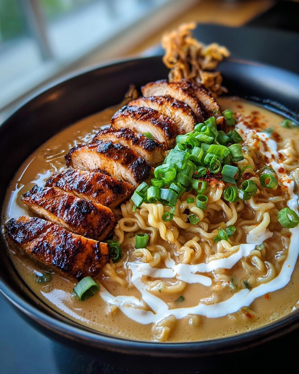 A bowl of Creamy Garlic Chicken Ramen topped with sliced grilled chicken, green onions, and a drizzle of cream.