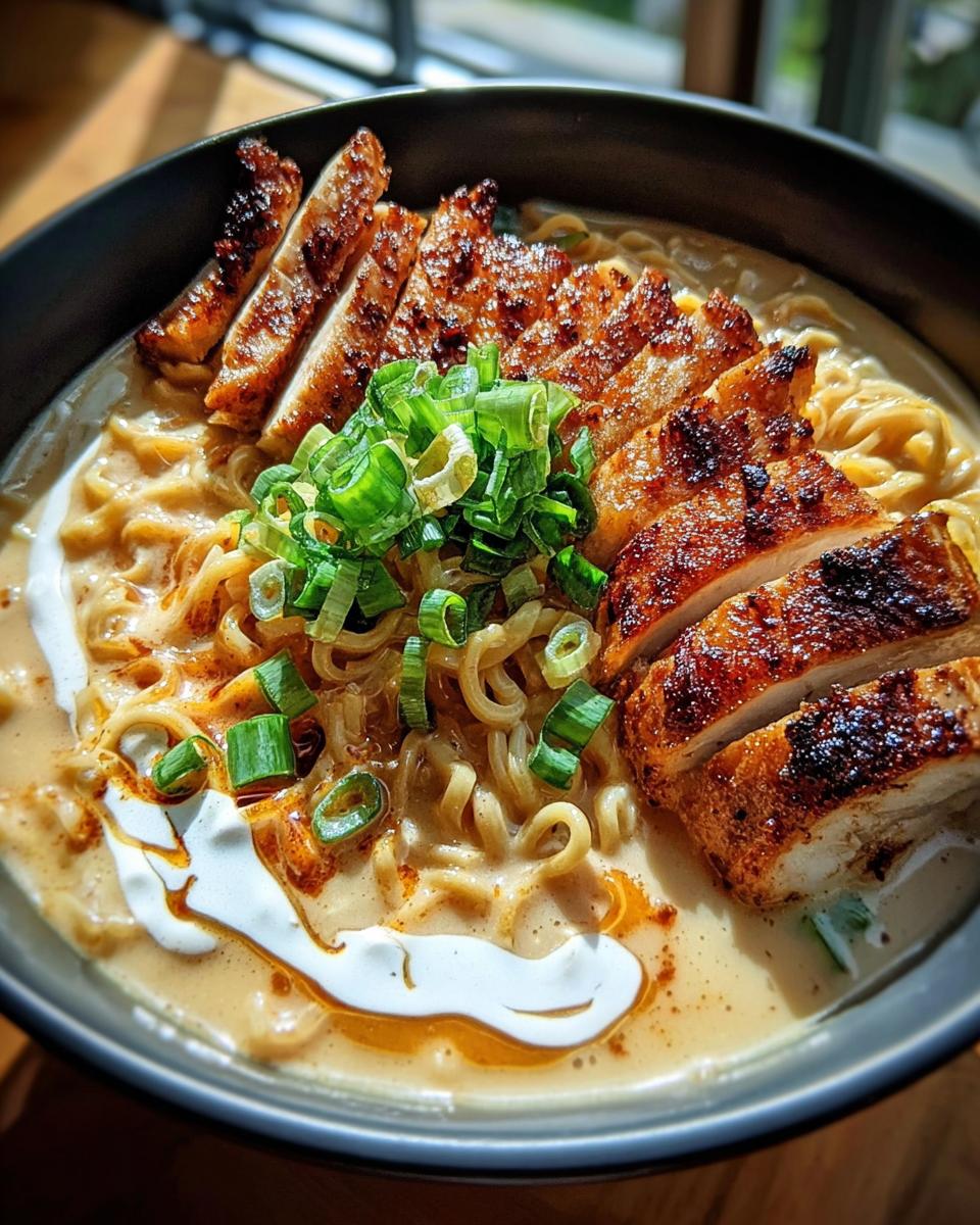 A close-up of a bowl of Creamy Garlic Chicken Ramen, featuring tender noodles, sliced grilled chicken, and fresh green onions.