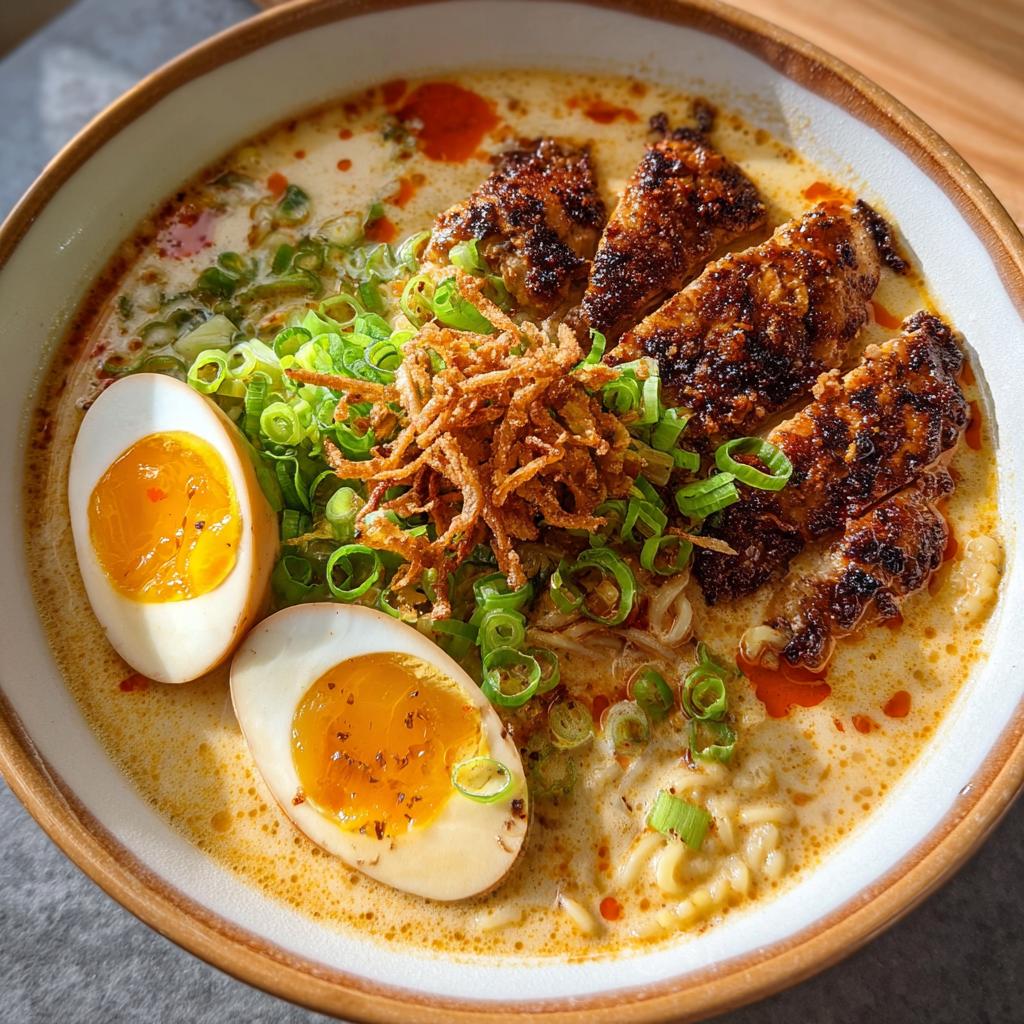 A bowl of Creamy Garlic Chicken Ramen topped with sliced chicken, a soft-boiled egg, scallions, and crispy fried onions.