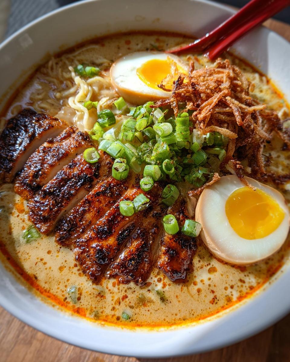 A close-up of a bowl of Creamy Garlic Chicken Ramen, featuring sliced chicken, ramen noodles, a soft-boiled egg, and green onions.