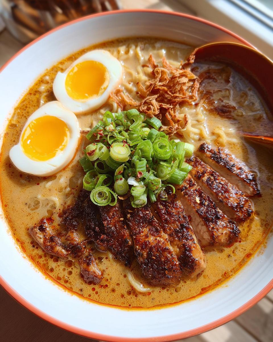 A bowl of Creamy Garlic Chicken Ramen topped with sliced chicken, soft-boiled eggs, green onions, and crispy fried onions.