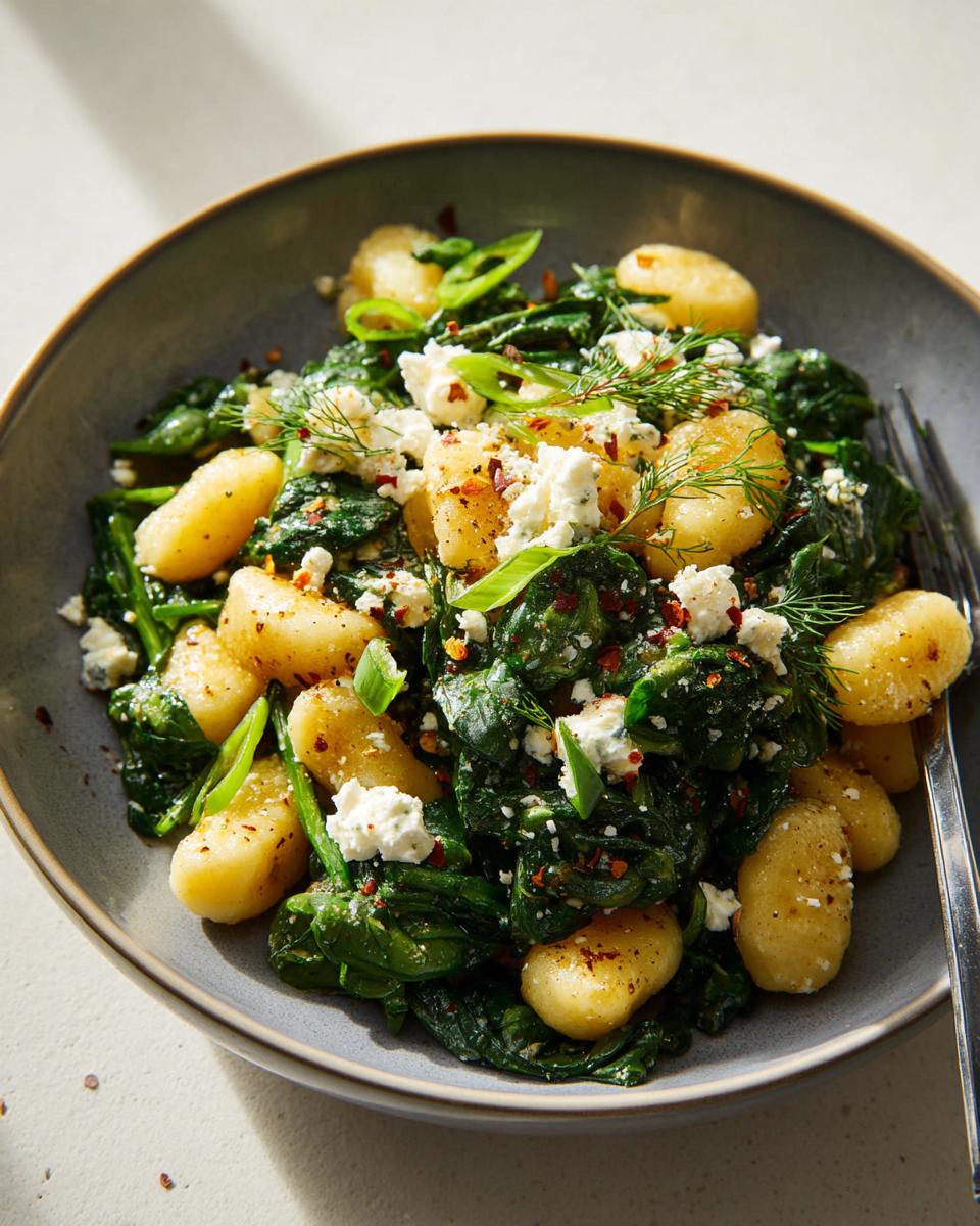 A bowl of creamy gnocchi with spinach and feta, topped with fresh dill and chili flakes.