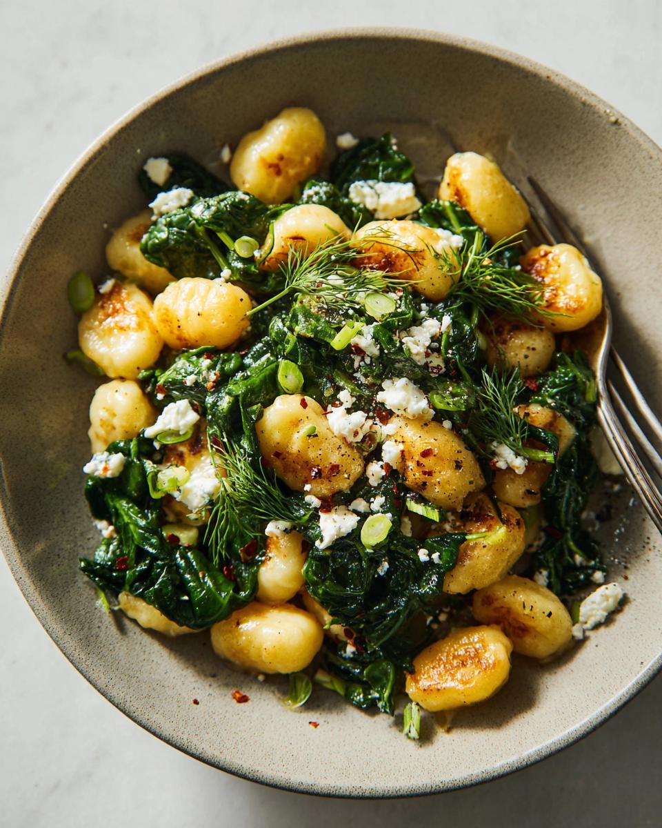 Close-up of Creamy Gnocchi with Spinach and Feta, garnished with fresh dill and crumbled feta cheese.