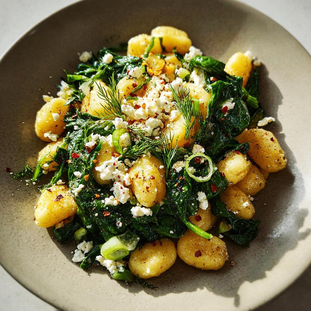 A close-up of a bowl of Creamy Gnocchi with Spinach and Feta, topped with fresh dill and chili flakes.