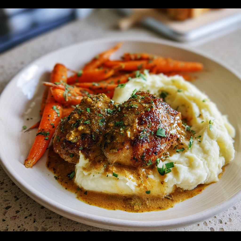 A plate of creamy herb chicken served with mashed potatoes and glazed carrots, drizzled with sauce.