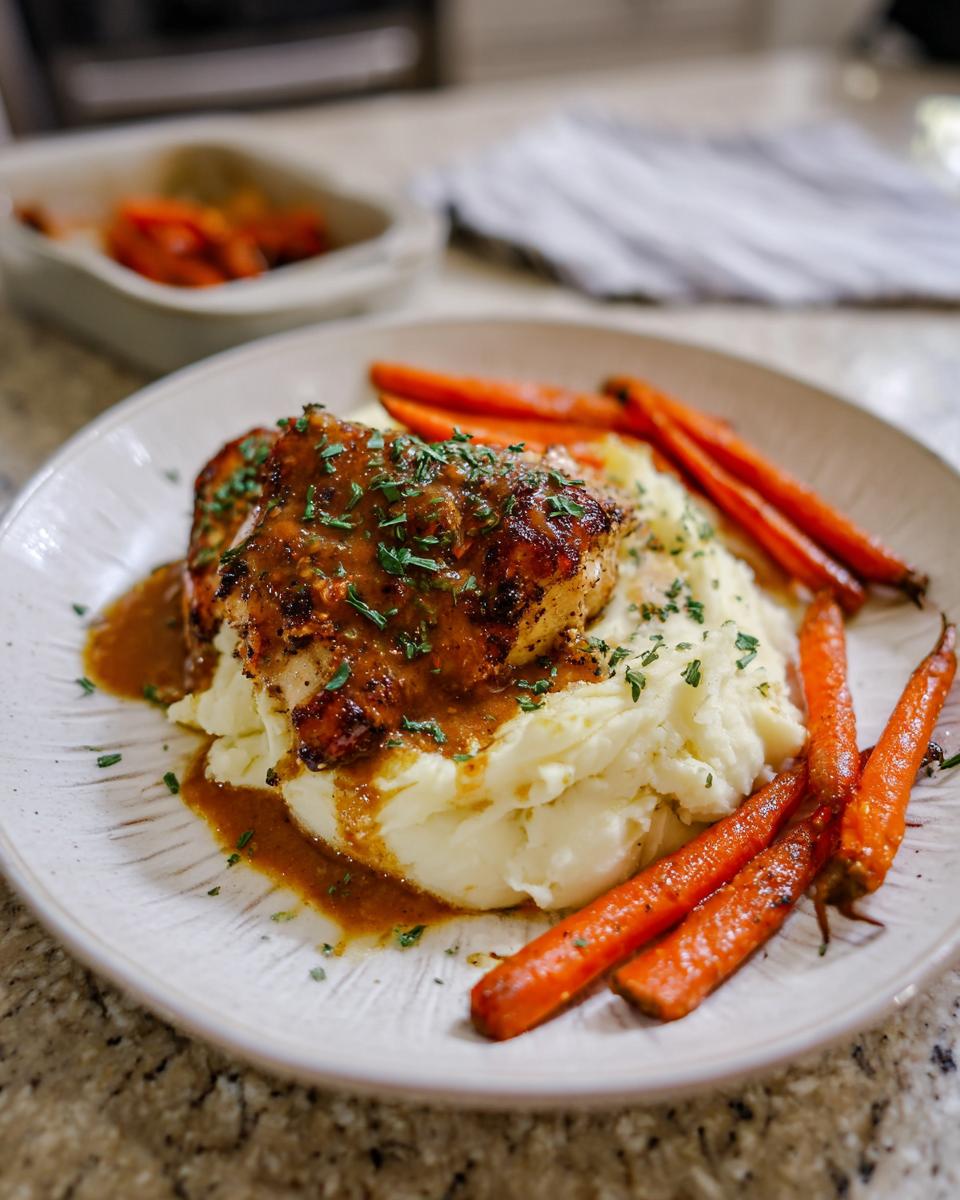 A plate of creamy herb chicken served with mashed potatoes and glazed carrots, topped with fresh parsley.