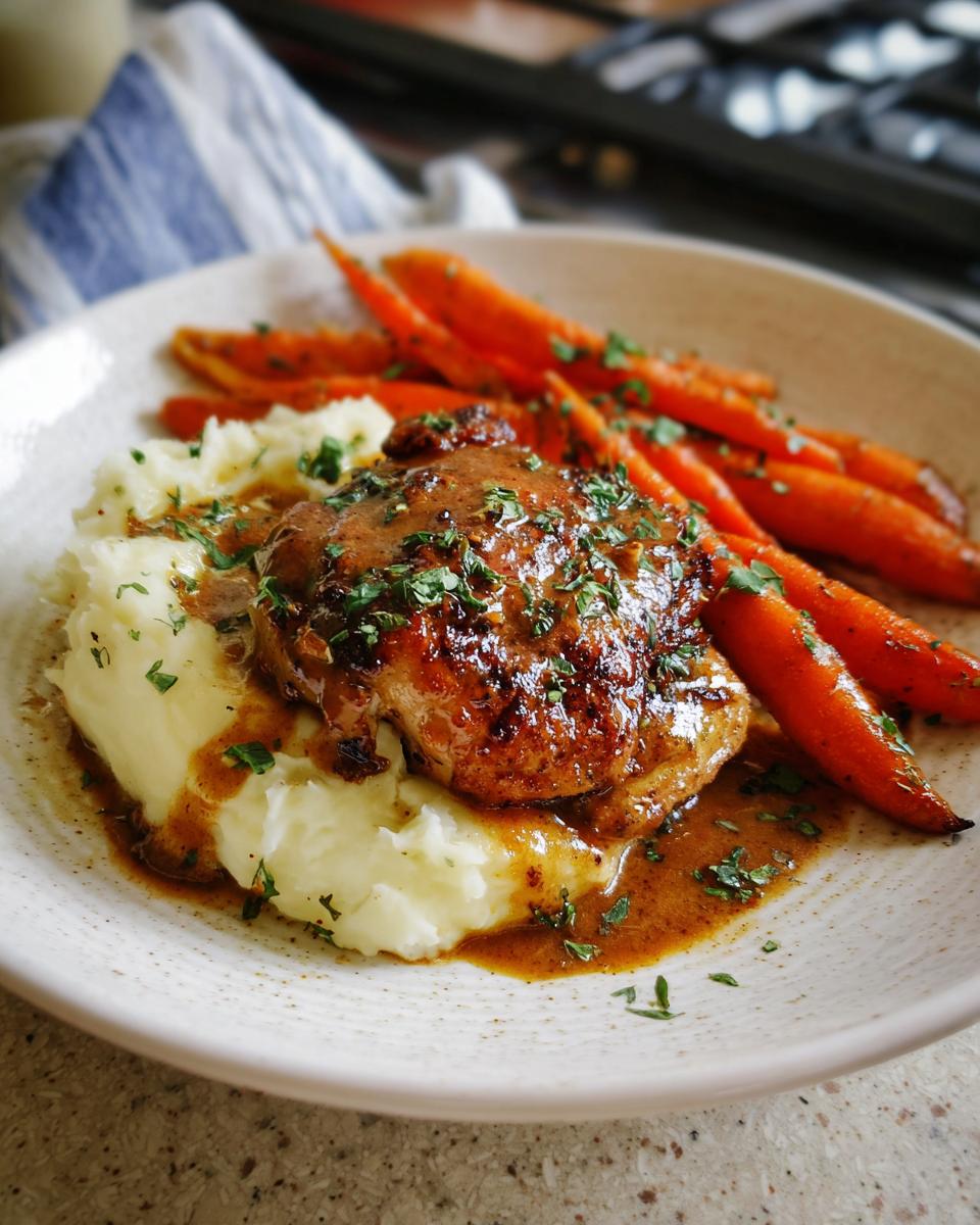 A plate of Creamy Herb Chicken with Mashed Potatoes and Glazed Carrots, garnished with parsley.
