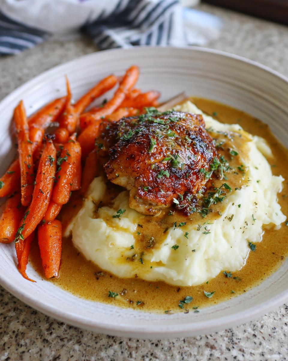A plate of creamy herb chicken served with mashed potatoes and glazed carrots, drizzled in sauce.