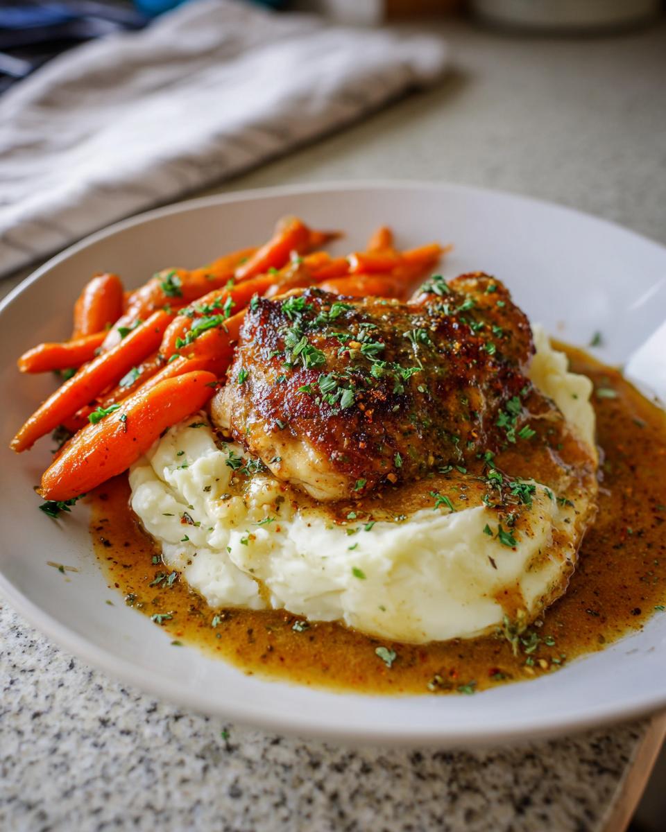 A plate of Creamy Herb Chicken with Mashed Potatoes & Glazed Carrots, garnished with parsley.