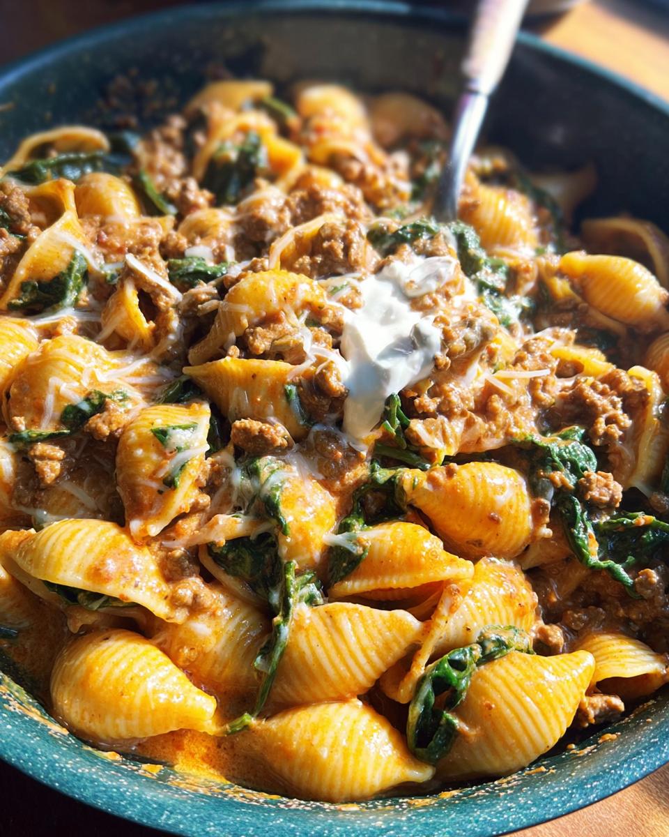 Close-up of a bowl of Creamy High Protein Beef Pasta with shell pasta, ground beef, spinach, and a dollop of sour cream.