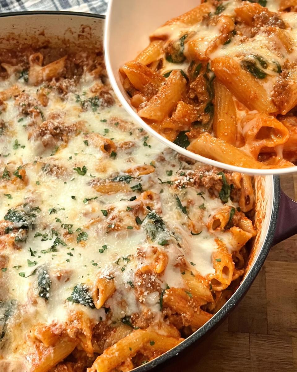 A close-up of a creamy high protein beef pasta bake in a skillet, topped with melted cheese and parsley.