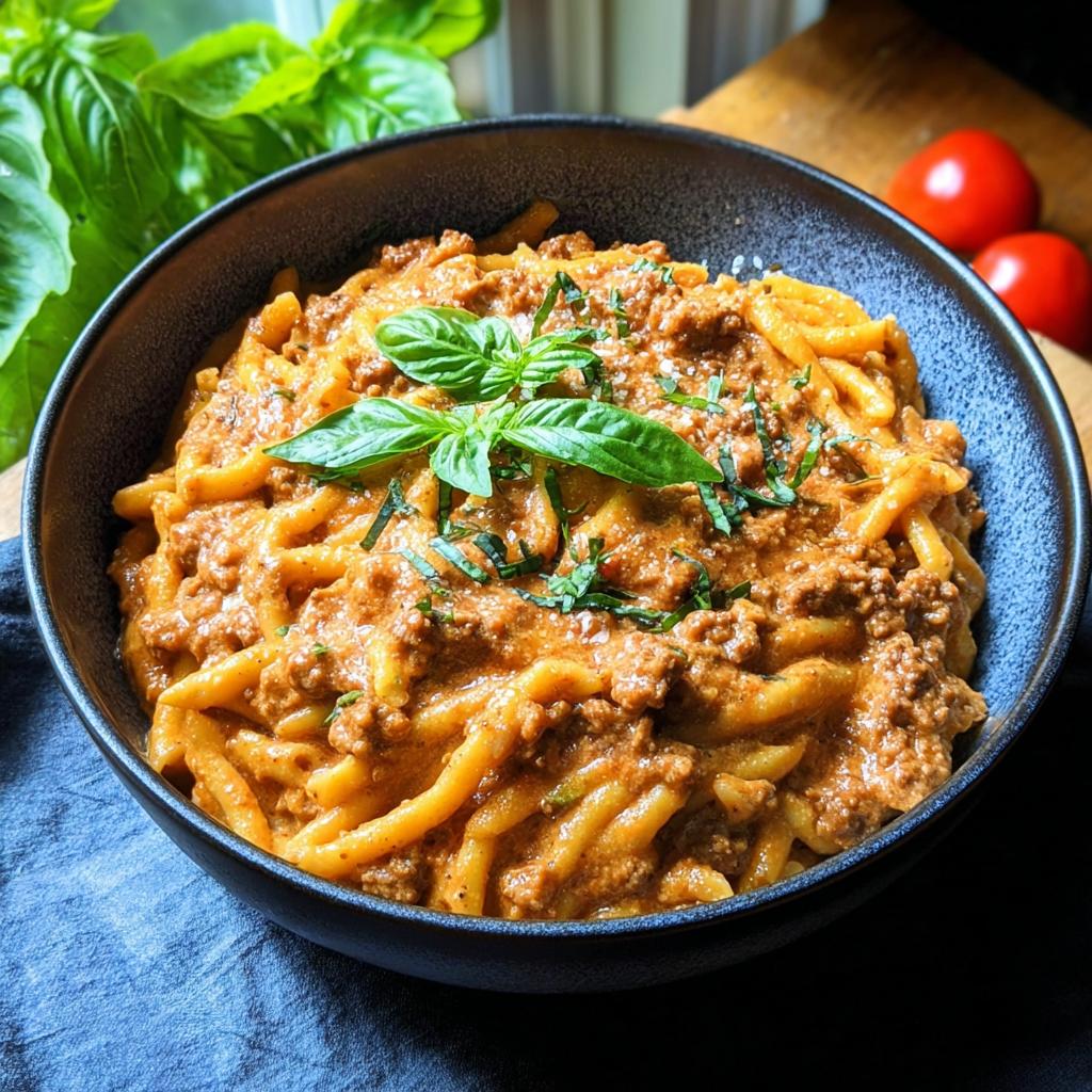 A close-up of a bowl filled with Creamy High Protein Beef Pasta, garnished with fresh basil leaves.